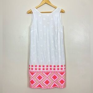 Vilagallo White Sleeveless Shift Dress | Embroidered Neon Pink Boho Size